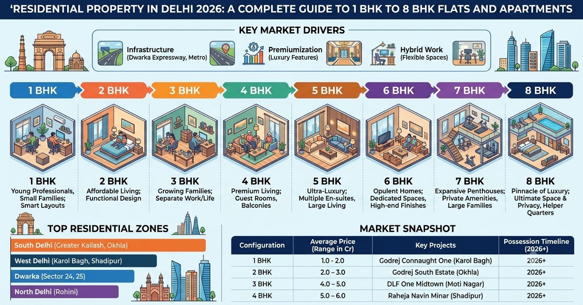 Residential Property in Delhi | 1 BHK to 8 BHK Flats & Apartments Guide 2026 — blog featured image on My Property Fact